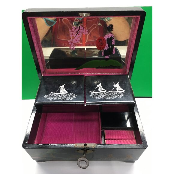 Vintage Japanese Lacquered Music Jewelry Box with Key Black 1950s - Sound Works - Picture 8 of 16
